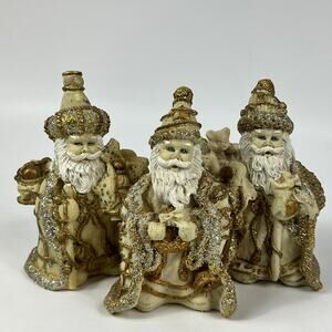Set of 3 Cream & Gold Santa Figurines Resin Glitter Christmas Holiday Decor 6.5"